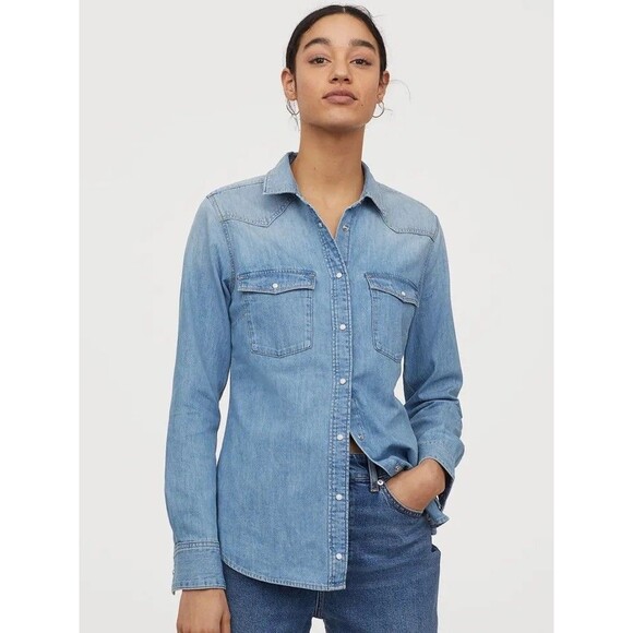 H&M Chambray Denim Shirt Womens Size L Long Sleeve Pearl Snaps Western Layers - Picture 2 of 6
